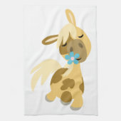 青い花とかわいい漫画のポニー キッチンタオル (縦)