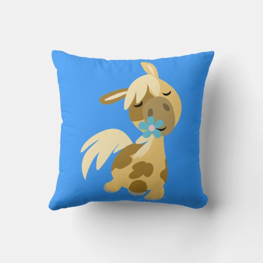 青い花とかわいい漫画ポニー枕 クッション (裏面)