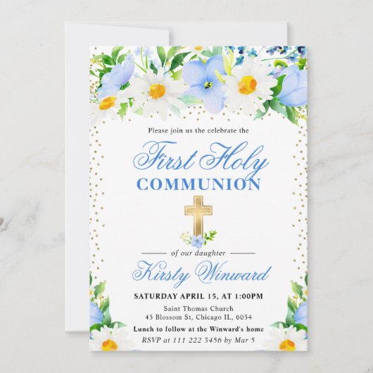 青い花とデイジーの聖餐式 招待状 (正面)