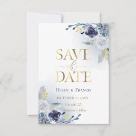 青い花とフェイク金ゴールド詳細 |日付の保存 招待状