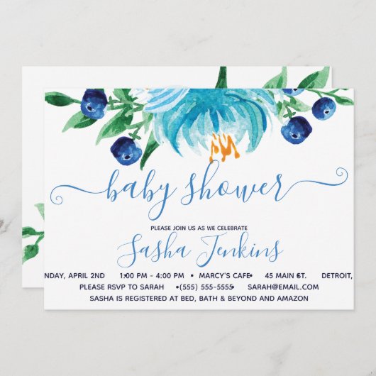 青い花とブルーベリー赤ちゃんシャワー 招待状 (正面/裏面)