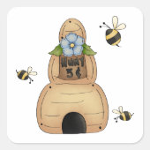 青い花とミツバチが咲くミツバチの巣箱 スクエアシール (正面)