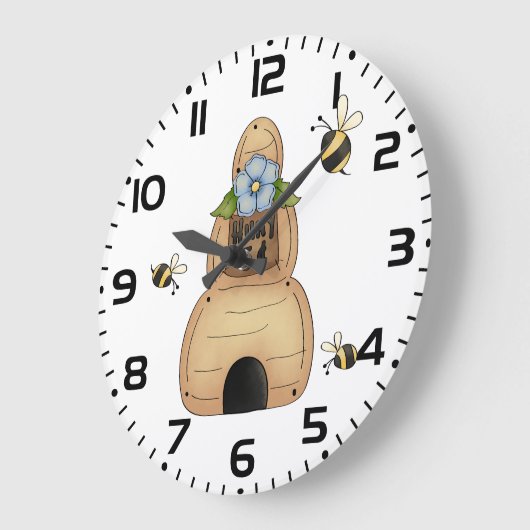 青い花とミツバチが咲くミツバチの巣箱 ラージ壁時計 (傾斜)