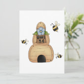 青い花とミツバチが咲くミツバチの巣箱 招待状 (スタンド正面)