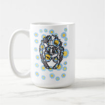 青い花と可愛いスカンクの陶器コーヒーマグ