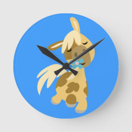 青い花と可愛い漫画ポニーの壁時計 ラウンド壁時計