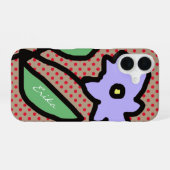 青い花と水玉と名前 iPhone 16ケース (裏面横)