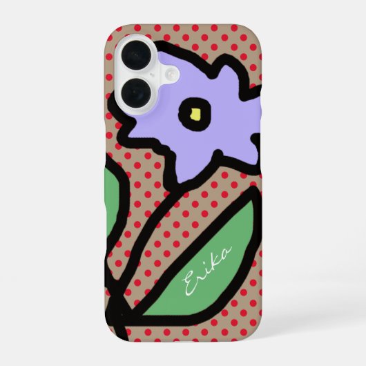 青い花と水玉と名前 iPhone 16ケース (裏面)