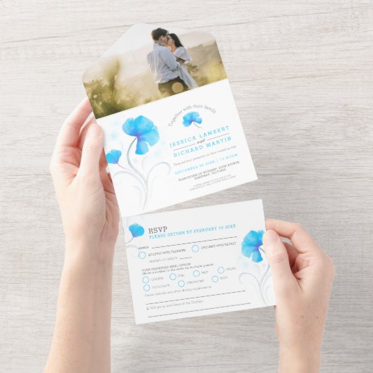 青い花と灰色の渦巻き 水彩カスタム写真 オールインワン招待状 (貼ってはがせる)
