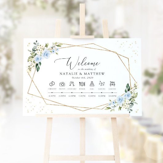 青い花と白い花の結婚式タイムライン ポスター