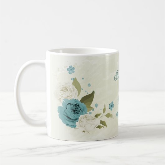 青い花と白い花 緑の葉 コーヒーマグカップ (左)