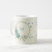 青い花と白い花 緑の葉 コーヒーマグカップ (正面左)