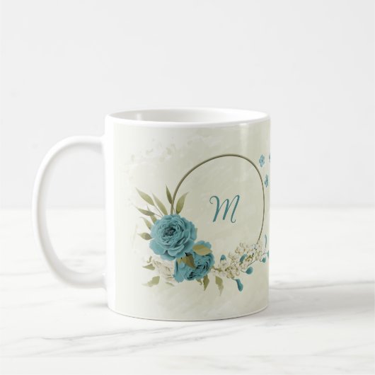 青い花と白い花 緑の葉 コーヒーマグカップ (左)
