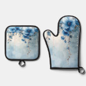 青い花と真珠 鍋つかみ&鍋敷きセット (正面)
