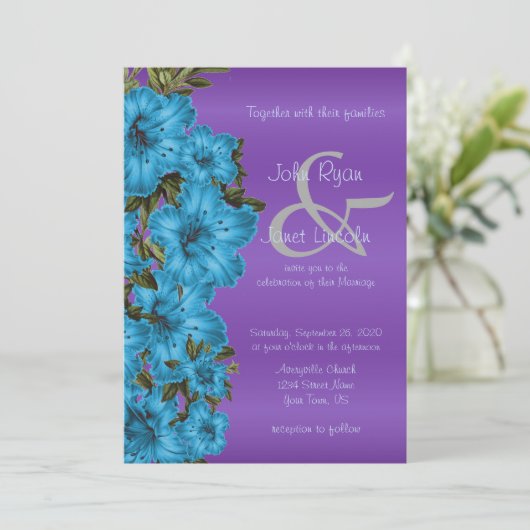青い花と紫のサテンの結婚式招待状 招待状 (スタンド正面)
