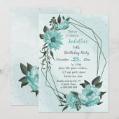 青い花と緑の植物の美しい誕生日 招待状 (正面/裏面)