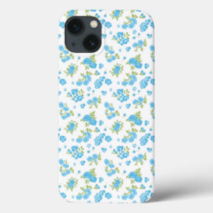 青い花と緑の黄色の白い背景 iPhone 13ケース