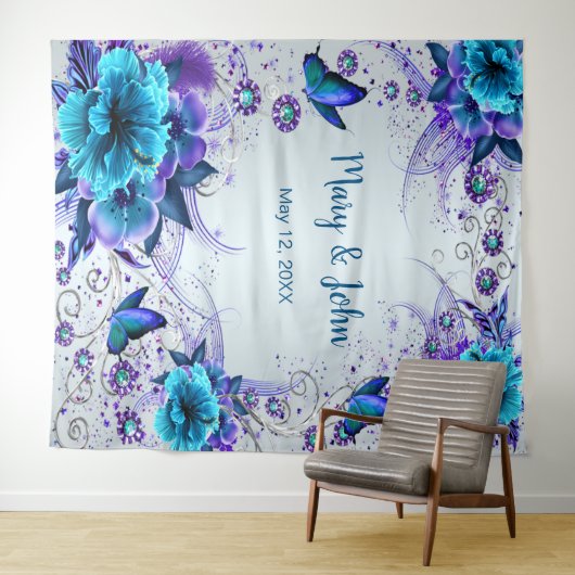 青い花と蝶のウェディングバックドロップ タペストリー (インサイチュ(横))