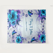 青い花と蝶のウェディングバックドロップ タペストリー (正面(横))