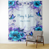 青い花と蝶のウェディングバックドロップ タペストリー (インサイチュ)