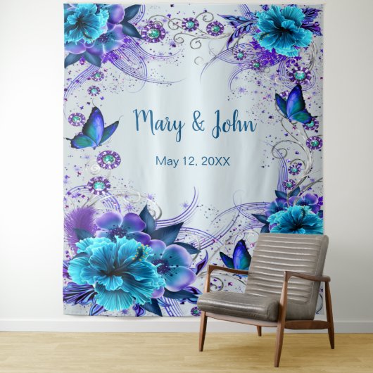 青い花と蝶のウェディングバックドロップ タペストリー (インサイチュ)