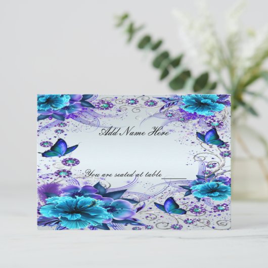 青い花と蝶のテーブルプレイスカード 招待状 (スタンド正面)