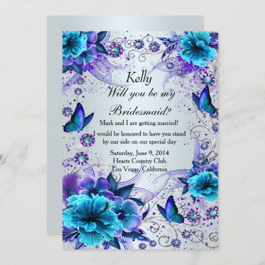 青い花と蝶のブライズメイドカード 招待状 (正面/裏面)