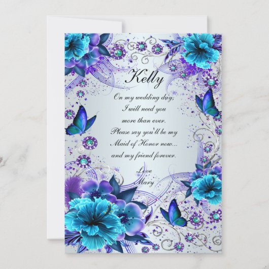 青い花と蝶のメイドオブオナーカード 招待状 (正面)