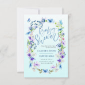青い花と蝶の水色バビシャワー 招待状 (正面)