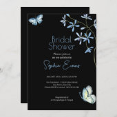 青い花と蝶ブラックブライダルシャワー 招待状 (正面/裏面)