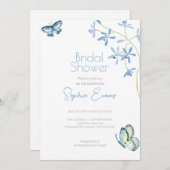 青い花と蝶ホワイトブライダルシャワー 招待状 (正面/裏面)