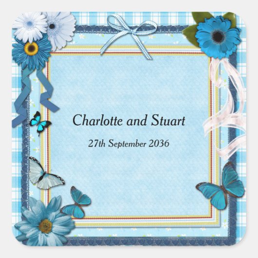 青い花と蝶 スクエアシール (正面)