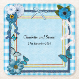 青い花と蝶 スクエアペーパーコースター