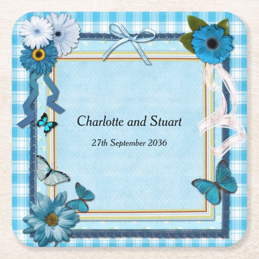 青い花と蝶 スクエアペーパーコースター (正面)