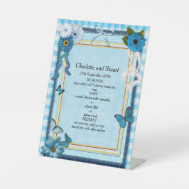 青い花と蝶 台座サイン