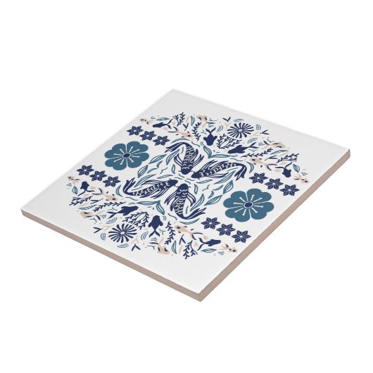 青い花と魚のアジアのビジョン タイル (側面)