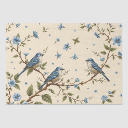 青い花と鳥のデザインのデコパージュ 薄葉紙 (正面)