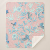 青い花と鳥，背景光バラ色 シェルパブランケット (正面)