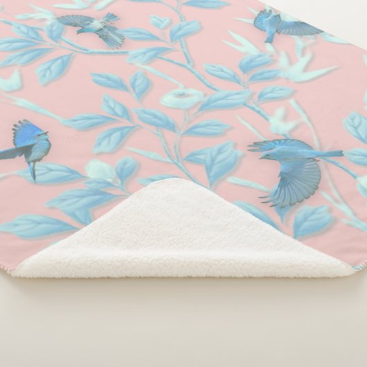 青い花と鳥，背景光バラ色 シェルパブランケット (3/4)