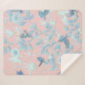 青い花と鳥，背景光バラ色 シェルパブランケット (正面(横))