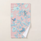 青い花と鳥，背景光バラ色 バスタオルセット (ハンドタオル)