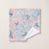 青い花と鳥，背景光バラ色 バスタオルセット (ウォッシュタオル)