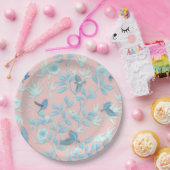 青い花と鳥，背景光バラ色 ペーパープレート (パーティー)