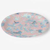 青い花と鳥，背景光バラ色 ペーパープレート (アングル)