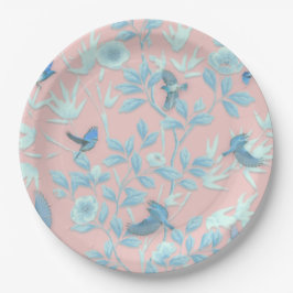 青い花と鳥，背景光バラ色 ペーパープレート