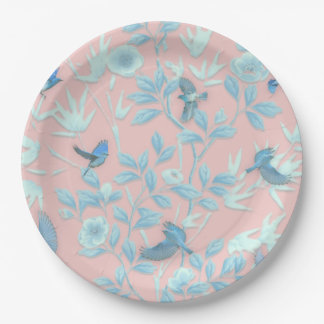 青い花と鳥，背景光バラ色 ペーパープレート