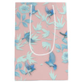 青い花と鳥，背景光バラ色 ミディアムペーパーバッグ (裏面)