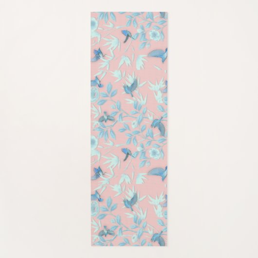 青い花と鳥，背景光バラ色 ヨガマット (正面)