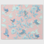 青い花と鳥，背景光バラ色 ラッピングペーパー (フラット)