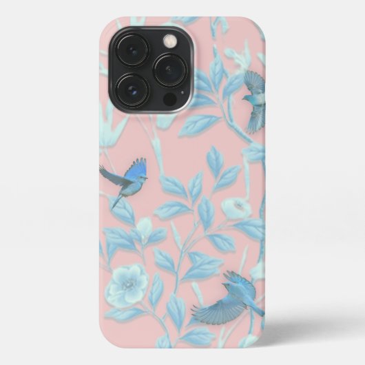 青い花と鳥，背景光バラ色 iPhoneケース (裏面)
